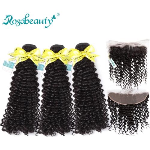 Rosabeauty 3 Bundles Deep Wave Bundles With Lace Frontal Closure 8A Brazilian Hair Weave Remy Hair Extensions Ear to Ear Frontal