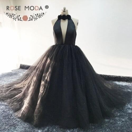 Rose Moda Halter Black Ball Gown Backless Formal Long Evening Dress Glittering Evening Dresses 2018