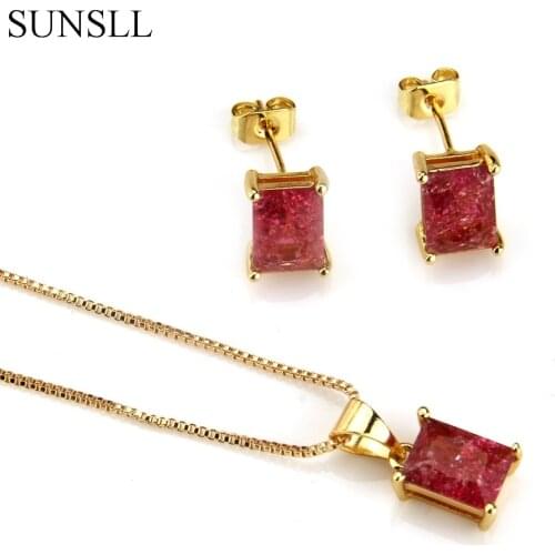 SUNSLL Golden Color Copper Multicolor Crack Cubic Zirconia Stud Earrings And Pendant Necklaces Womens Fashion Jewelry Sets