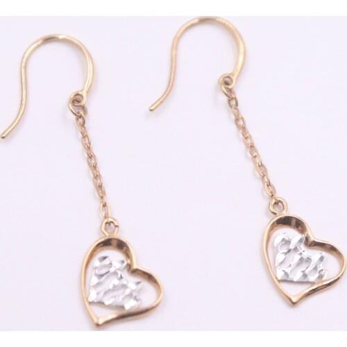 Real Solid 18K Multi-tone Gold Earrings Women Luck Heart Dangle Earrings 1.2-1.5g 36mmL