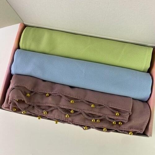 Custom Hijab Box Golden Pearl Edge Chiffon Scarf Muslim Pearls Beaded Hijab Tassel Shawl Wrap Headscarf Bandana Foulard