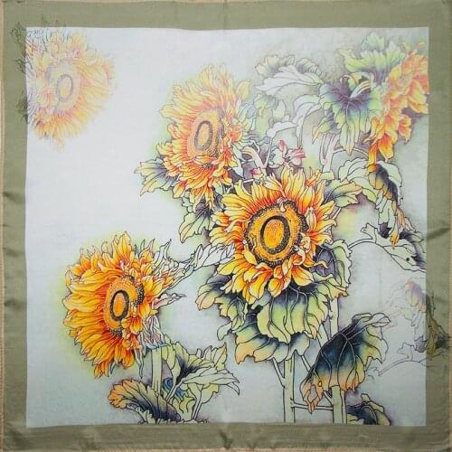High-quality Pure Silk Scarf Women Bandana Female Hair Scarf Flower Womens Natural Silk Square Headband Neck Scarf Sunflower