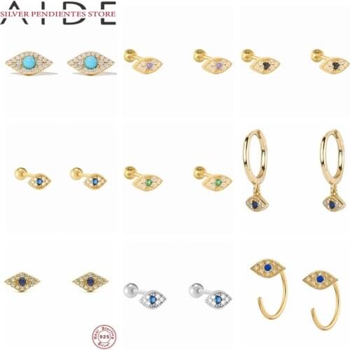 AIDE 925 Sterling Silver Evil Eye Stud Earrings Diamond Pierced Cartilage Earrings Women Blue Black Green Zircon Silver Jewelry