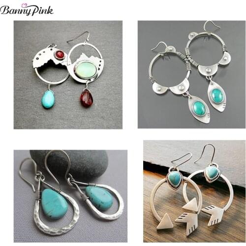 Banny Pink Ethnic Turquoises Dangle Earrings For Women Bohemia Stone Drop Earrings Vintage Arrow Geo Pendant Earrings Brincos