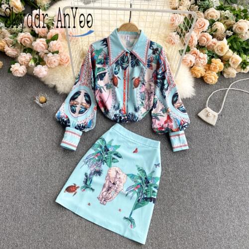 2021 Spring Two Piece Set Womens Suit Turn-down Colla Long Sleeve Blouse Tops And High Waist Shirts Vintage Printed Sets