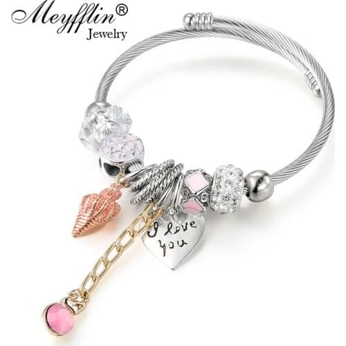 Meyfflin Fashion Silver Color Charm Bracelets & Bangles for Women Vintage Conch Heart Pendant Crystal Bead Bracelet femme Bijoux