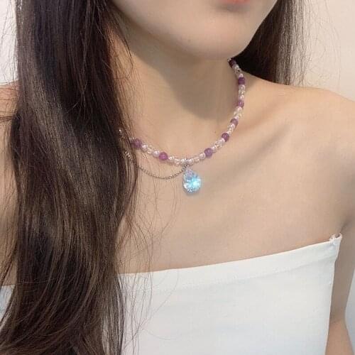 Fashion Water Drop Crystal Pendant Necklace For Women 2021 Trend Elegent Purple Pearl Stone Decor Choker Clavicle Accessories