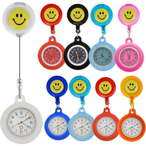 10pcs/lot Fashion lovely cartoon badge reel smiling face smile Retractable rope rubber nurse pocket watches ladies women watches