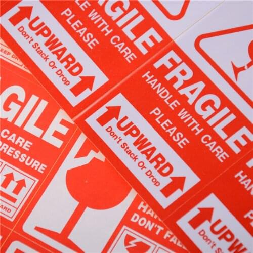 50pcs/lot 9x5cm Fragile Warning Label Sticker Fragile Sticker Up and Handle With Care Keep Dry Shipping Express Label
