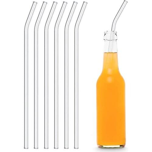 Glass Straws - 6 Long Bent Reusable Drinking Straws + Plastic-Free Cleaning Brush - 30 cm (12 in) x 0.9 cm - Made in Germany
