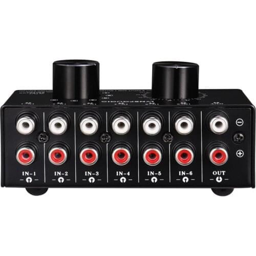 6 Input 1 Output Switcher Audio Source Selection Switcher RCA Audio Input Signal Selector Switch with Volume Adjustment and Manu