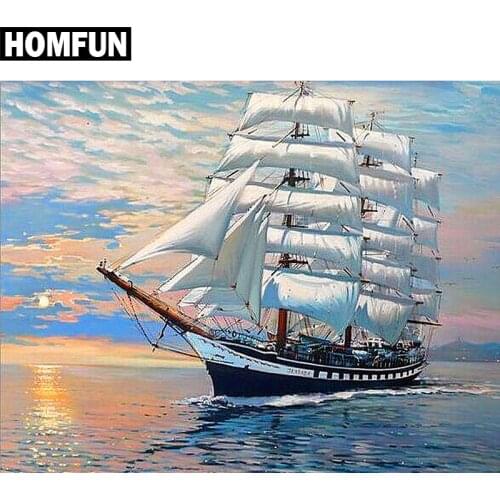 HOMFUN Full Square/Round Drill 5D DIY Diamond Painting "Sea And Boat" 3D Embroidery Cross Stitch 5D Rhinestone Home Decor