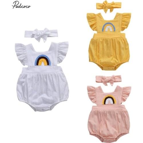 2020 Baby Summer Clothing Infant Newborn Rainbow Patch Bodysuits Baby Girls Cute Bodysuits Ruffled Sleeve Jumpsuit Sunsuit