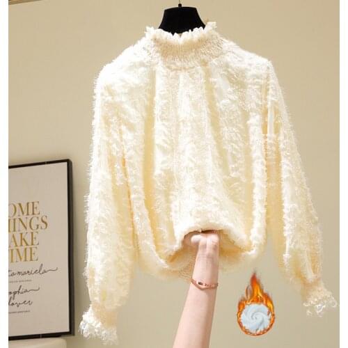 Turtleneck Winter Shirt Womens Long Sleeved Inner Wear Spring Autumn New All-Matching Fleece-Lined Long Sleeves Top Blusa