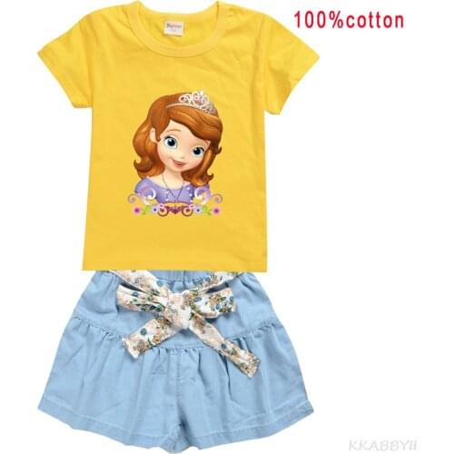 Sophia Cartoon Cotton T-Shirt Summer Print Short-sleeved T-Shirt Denim-Skirt Set