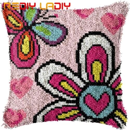 Latch Hook Cushion Butterfly Flowers Pillow Case Acrylic Yarn Pillow Printed Color Canvas Crochet Cushion Cover Arts & Crafts
