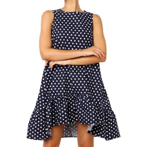 Summer Dress robe femme Dot print o-neck sleeveless Cotton Blend Dot Print Ruffle Hem Sleeveless O Neck Mini Dress Sundress