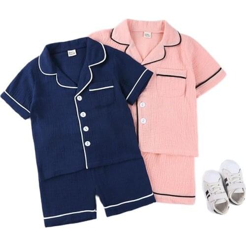 Summer New Baby Boys Girls Sleevewear Casual Short Sleeve Cotton Thin Style Button Tops + Shorts Clothing Soft Pajama Set Kids