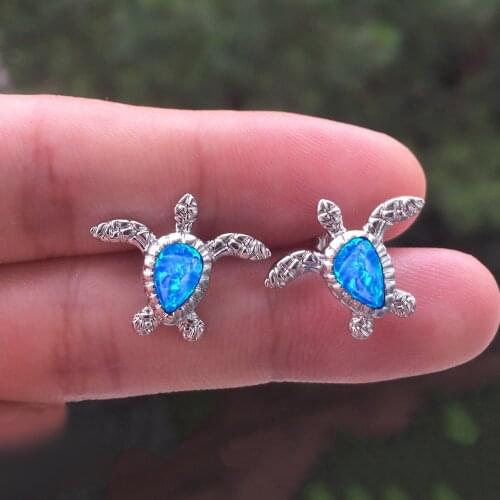 Cute Sea Turtle Stud Earring For Women Fashion Imitation Blue Fire Opal Screw Back Earrings For Women Wedding Band Jewelry Gifts