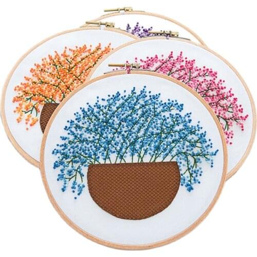 DIY Gypsophila Flower Embroidery Kit with Hoop Needlework Pattern Printed Starter Kit for Beginners Sewing Cross Stitch Art Craf