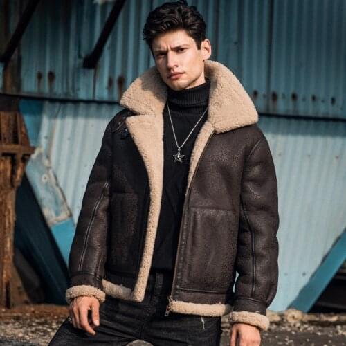 New Mens Shearling Coat Genuine Leather Jacket Men Lamb Fur and Sheep Leather Maxi Coat Short Real Leather Flight Suit