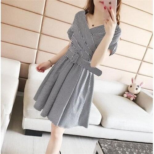 Womens Summer Dress Womens Remains Summer Checkered V-Neck Bow Romantic Chiffon Print Dress Ropa Muje Villatino Manor Robe