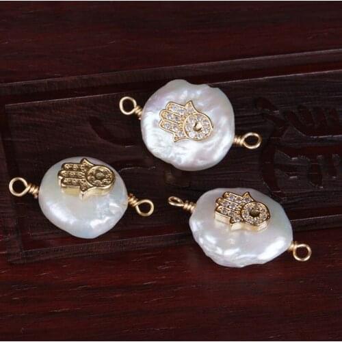 White cz crystal gold fatima hand hamsa protection luck charm freshwater pearl wire buckles connector bead charm for jewelry DIY