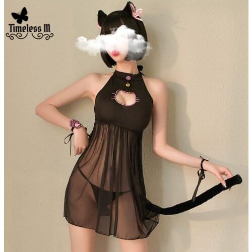 Sexy Sweet Linegrie Cute Cat Hollow Chest Transparent Underwear with Hairband Tail Temptation Net Gauze Dress Cosplay Sleepwear
