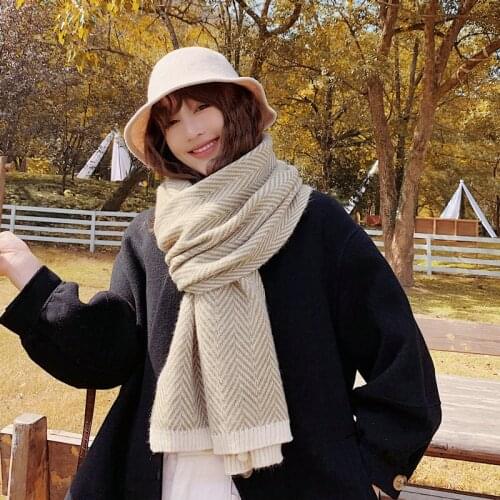 Warm scarf female winter Korean version of Joker long thick herringbone knitted wool couple scarf trend pleated shawl