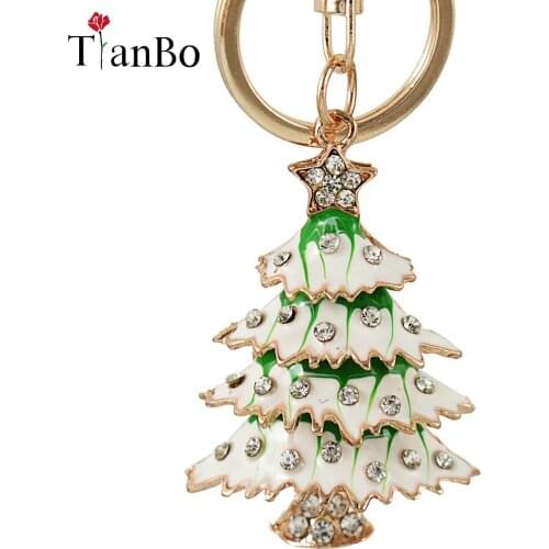TianBo 2018 fashion Enamel Christmas Tree Keyrings Star Crystal Key Holder Chains Purse Bag Pendant For Car Keychains Gift