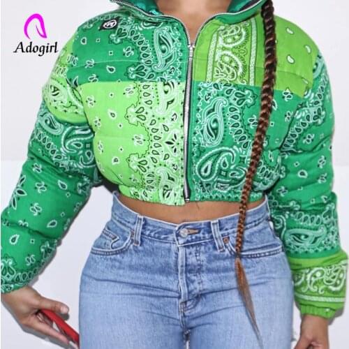 Bandana Print Cropped Puffer Jacket for Women Winter Coat Fashion Clothing Orange Warm Thick Parkas Outwear Zip Up Bubble Coat