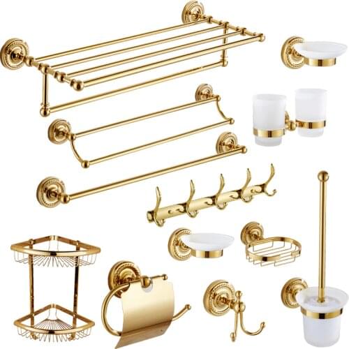 Vintage Polished Solid Brass Zirconium Gold Bathroom Accessories European Wall Mounted Bathroom Hardware sets PI52