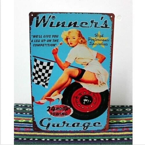 Winners Garage Tin Sign Vintage Pinup Metal Poster Wall Decor Tow Truck Ad,20x30CM
