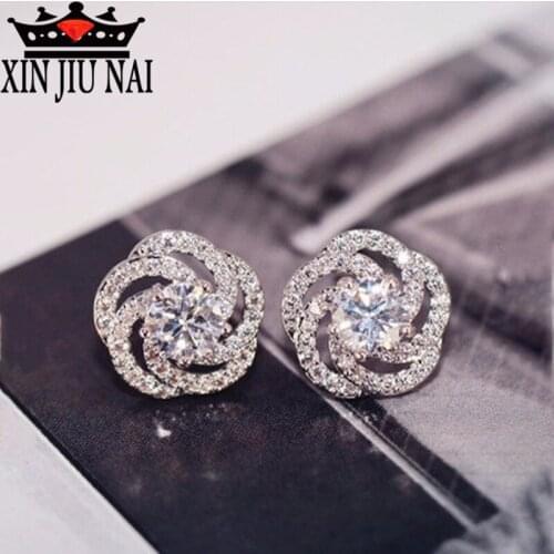 Silver 925 earrings female hypoallergenic temperament day Korea rose zircon simple wild European and American sweet jewelry