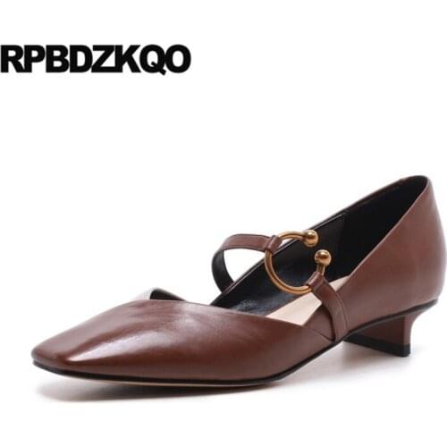 Mary janes women shoes chunky square toe thick strap low heels metal genuine leather customized green 2019 pumps brown handmade