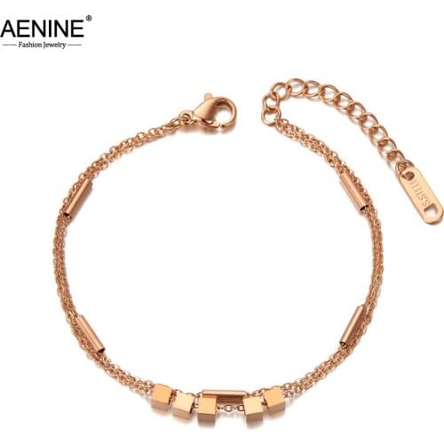 AENINE Titanium Stainless Steel Geometric Square Charm Bracelet For Women Trendy CZ Crystal Chain Link Bohemia Jewelry AB20106