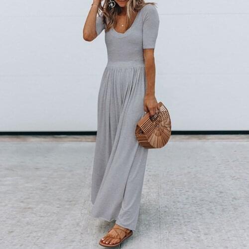 Women Jumpsuits Rompers Summer Casual Solid Round Neck Jumpsuit Short Sleeve High Waist Wide Leg Jumpsuit
