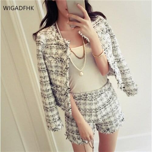 WIGADFHK Womens Suit 2021 Tweed Two-piece Womens Slim Checkered Suit Fashion Tassel Slim Jacket + Tassel Shorts Suit Autumn