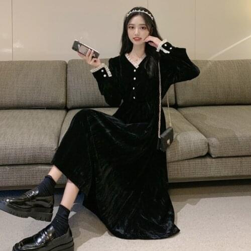 Woman Dress Autumn 2021 New Style Korean Fashion Elegant Palace Velvet V-neck Small Breasted Long-sleeved Black Dresses Vestidos