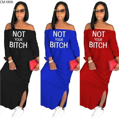 CM.YAYA Casual Letter Print Off Shoulder Women Long Dress Fashion Slit Side Slim Fashion Slash Neck Ladies Maxi Dresses Vestidos
