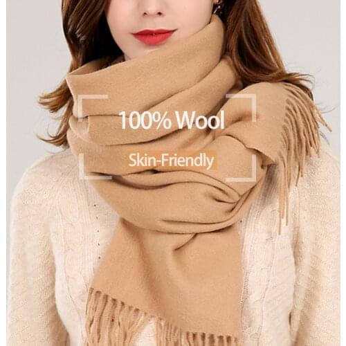 Winter 100% Real Wool Scarf Women 2020 Luxury Brand Shawls Wraps Camel Cashmere Scarf Solid Pashmina Thicken Warm Foulard Femme