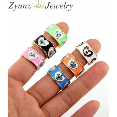 10PCS, Opening Adjustable Rings Fashion Jewelry Heart Shape Enamel Evil Eye Finger Rings Gifts For Women Girls