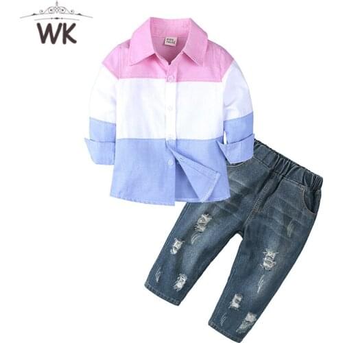 2021 Boys Clothing set Autumn Boys casual Suits Children Boys Clothing Set patchwork color shirt + Jeans Kids Clothes Set