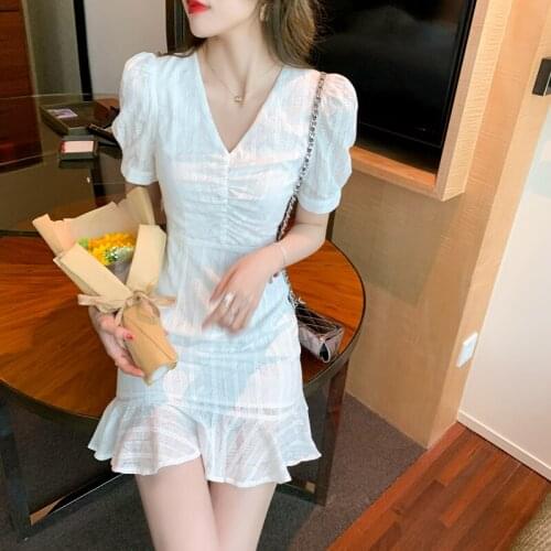 2021The New Retro Ruffle Short Sleeve Short Dress for Woman White French Mini Dresses Holiday