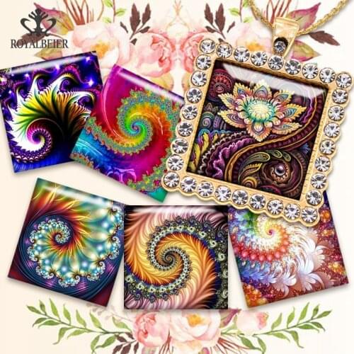 2021 New Year Beauty Colorful Flower Pattern Square Handmade Photo Glass Cabochons Glass Dome Cover Pendant Cameo Settings
