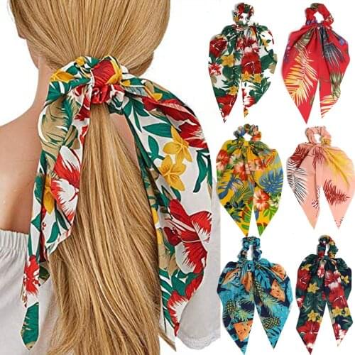 Bohemian Chiffon Flower Stretch Scarf Hair Bow Ties Ponytail Scarf Hairbands Entrainment Bow Floral Print Hair Bundle Rope