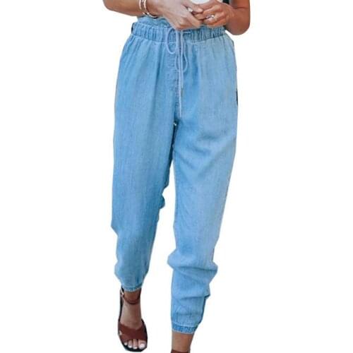 Womens Harem Trousers Spring Summer Ladies Loose Jeans Casual Drawstring Lacework Elastic Waist Pants Trousers for Streetwear