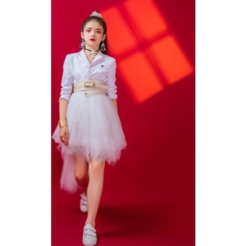 Fashion Girls Jazz Dancing Show Childrens Creative Jazz White Outfits Kids Jazz White Gauze Skirt Hip Hop Dance Costumes XS1135