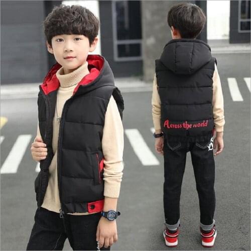 Childrens Vest Clothes Print Cotton Vest For Boys Autumn Winter Warm Hooded Thicken Waistcoat For Kids Gilet Fille Coats 4-15Y