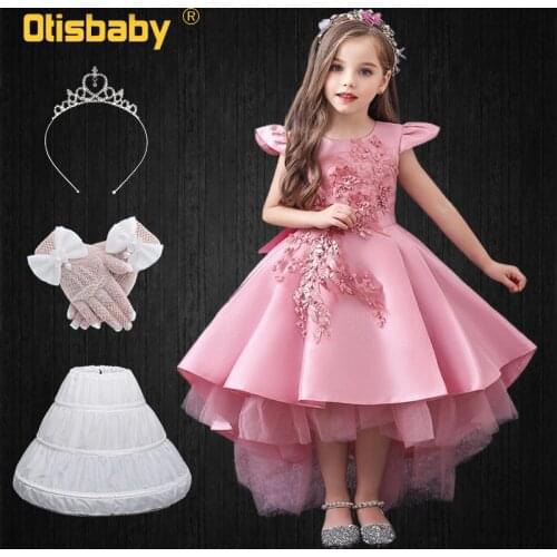 Formal Girl Swallowtail Wedding Party Ceremony Long Evening Bridesmaid Children Princess Dresses Girls Fishnet Gloves Petticoat